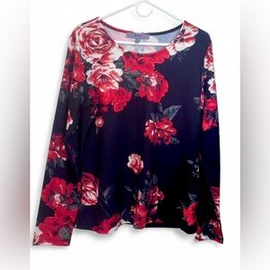 Elegant Floral Long Sleeve Top - Red and Black Size L